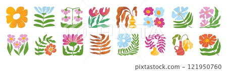 Abstract square flowers. Colorful blooming plant and textured flower motifs. Modern floral tile designs with hand drawn leaves. Botanical vector illustrations set 121950760