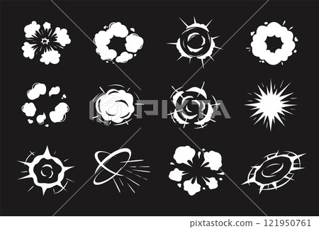 Puff cartoon effect shapes. Radial explosion, dynamic smoke bursts, swirling energy rings and explosive abstract silhouettes. Action scene blast impact visuals isolated vector set 121950761