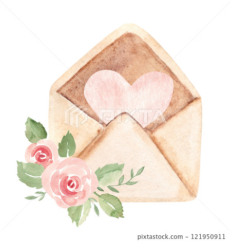 Open craft Envelope with a pink Heart inside, adorned with pink Roses and greenery. Watercolor hand drawn Vintage illustration in pastel colors isolated on a white background. Perfect for Valentine's Open craft Envelope with a pink Heart inside, adorned with pink Roses and greenery. Watercolor hand drawn Vintage illustration in pastel colors isolated on a white background. Perfect for Valentine's 121950911
