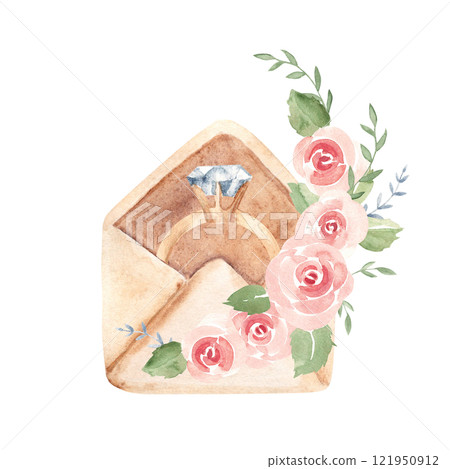 Open Envelope with a Diamond Ring inside, adorned with pink Roses and greenery. Watercolor hand drawn Vintage illustration in pastel colors isolated on a white background. Ideal for Valentine Day Open Envelope with a Diamond Ring inside, adorned with pink Roses and greenery. Watercolor hand drawn Vintage illustration in pastel colors isolated on a white background. Ideal for Valentine Day 121950912