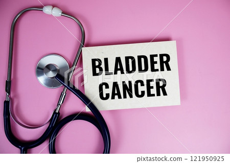 Bladder Cancer text with stethoscope on pink background, Healthy and wellness concept 121950925
