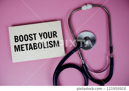 Boost your metabolism text with stethoscope on pink background, Healthy and wellness concept Boost your metabolism text with stethoscope on pink background, Healthy and wellness concept 121950928