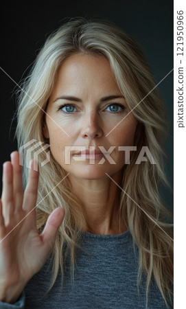 Portrait of a serious blonde woman gesturing to stop 121950966