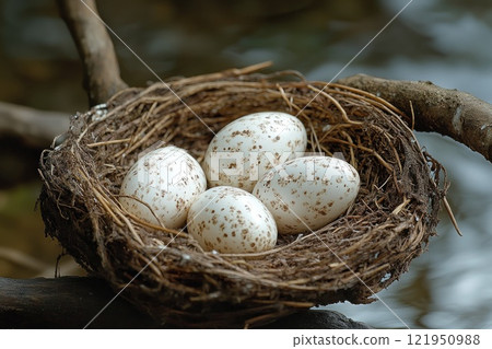 Four spotted eggs resting in bird nest overlooking water 121950988