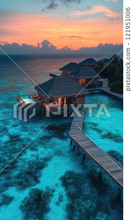 Luxury overwater bungalows reflecting stunning sunset in the maldives 121951006