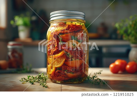 Sun-dried tomatoes preserved in oil with herbs and garlic in a jar 121951025