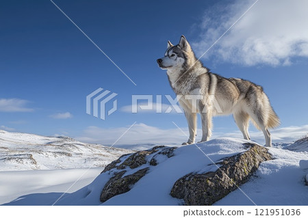 Alaskan malamute dog walking on snowy mountain path on sunny day 121951036
