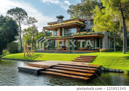 Modern lake house with wooden deck and boat on a sunny day 121951143