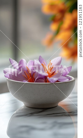 Saffron flowers in a bowl on marble table with orange flowers in background Saffron flowers in a bowl on marble table with orange flowers in background 121951163