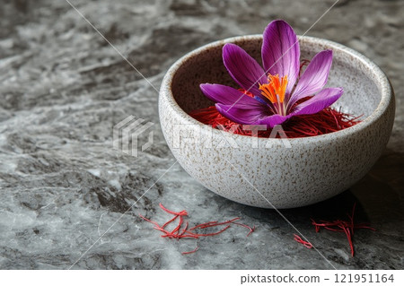 Saffron flower resting on dried saffron threads in a bowl 121951164