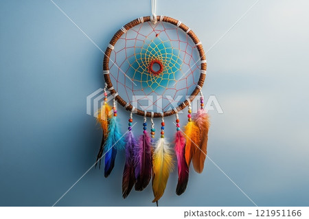 Colorful dream catcher hanging with bright feathers and beads on blue background 121951166