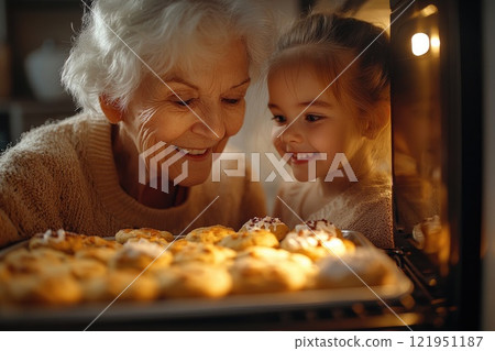 Grandmother and granddaughter baking cookies together in oven Grandmother and granddaughter baking cookies together in oven 121951187