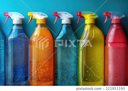 Colorful cleaning products standing on blue background showing tiny bubbles 121951193