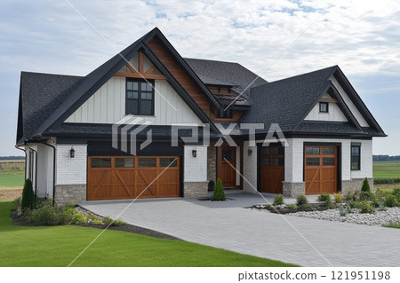 Beautiful modern farmhouse with wooden garage doors and asphalt shingles roof 121951198