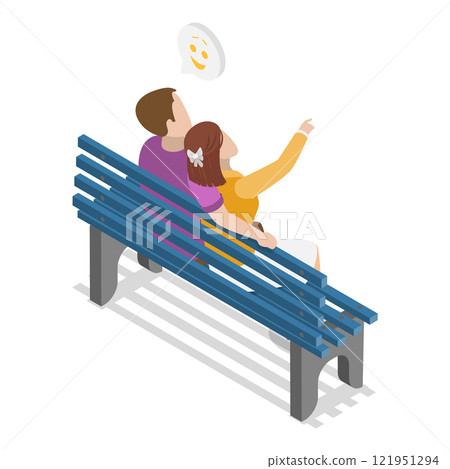 3D Isometric Flat Vector Set of Romantic Couples, Lovers Talking on a Bench. Item 2 121951294