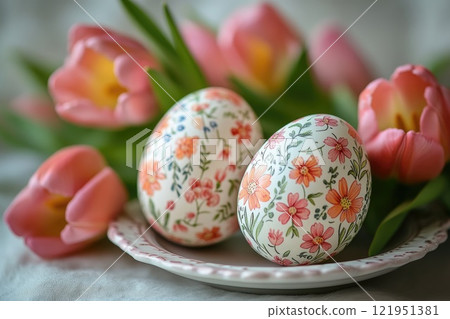 Easter eggs with floral motifs resting on plate near pink tulips 121951381