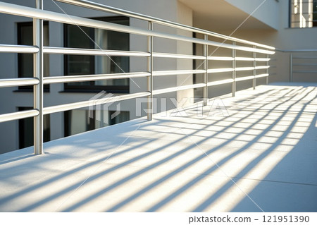 Chrome steel balcony railing casting shadow on building terrace 121951390