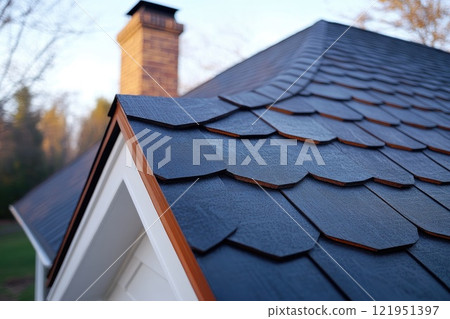Modern wooden roof shingles creating unique and durable house covering with chimney 121951397