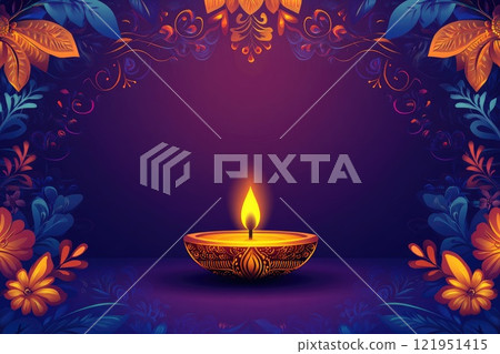 Diwali celebration with burning diya and floral decoration greeting card 121951415