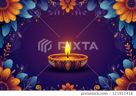 Diwali celebration with burning diya and floral decoration greeting card 121951416