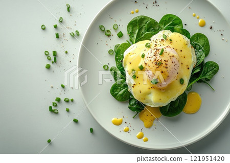 Delicious poached egg with hollandaise sauce and spinach on white plate 121951420