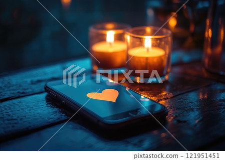 Smartphone showing heart symbol on screen by candlelight on wooden table Smartphone showing heart symbol on screen by candlelight on wooden table 121951451