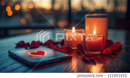 Smartphone showing heart symbol is lying on table with burning candles and rose petals Smartphone showing heart symbol is lying on table with burning candles and rose petals 121951452