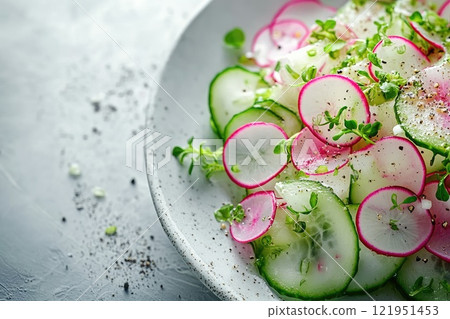 Fresh cucumber and radish salad with thyme and pepper on white plate 121951453