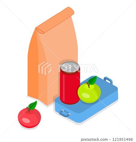 3D Isometric Flat Vector Set of School Lunch Boxes, Kids Snacks. Item 3 121951498
