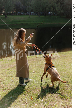 young woman walks with her dog in the park. A lady in a beige raincoat is playing with a pit bull young woman walks with her dog in the park. A lady in a beige raincoat is playing with a pit bull 121951554