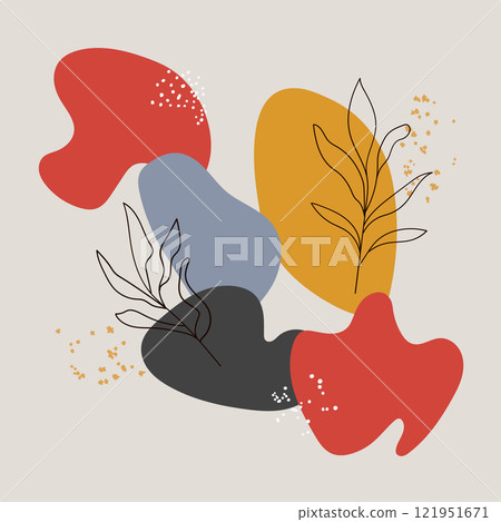 Vector illustration. A dynamic composition combining abstract color spots in red, yellow, black with contoured plants. Vector illustration. A dynamic composition combining abstract color spots in red, yellow, black with contoured plants. 121951671