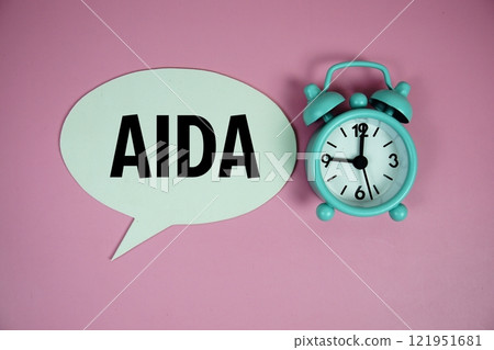 AIDA text on speech bluble with alarm clock top view on pink background 121951681