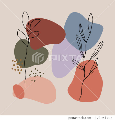 Vector illustration. A simple and elegant landscape with warm tones, mountains and a calm river under the evening sun. Vector illustration. A simple and elegant landscape with warm tones, mountains and a calm river under the evening sun. 121951702