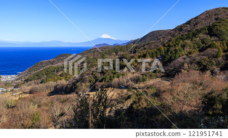 Winter at Ishibe rice terraces with a view of Mt. Fuji 121951741