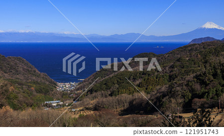 Winter at Ishibe rice terraces with a view of Mt. Fuji 121951743
