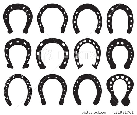 Black silhouettes of horseshoes on a white background Black silhouettes of horseshoes on a white background 121951761