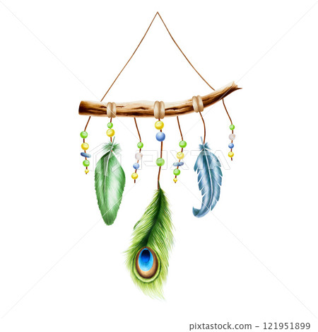 Marker illustration of ethnic wooden dream catcher pendant, wreath of twigs with spring leaves and peacock feather in watercolor style. Hand painted holder isolated on white background. Clip art for 121951899