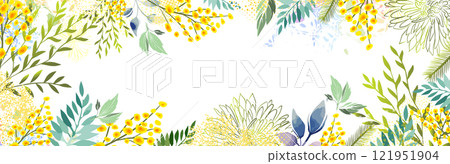 Horizontal frame with Yellow mimosa. Spring wreath of the brightest yellow flowers. Hello Spring . hand drawing. Not AI 121951904