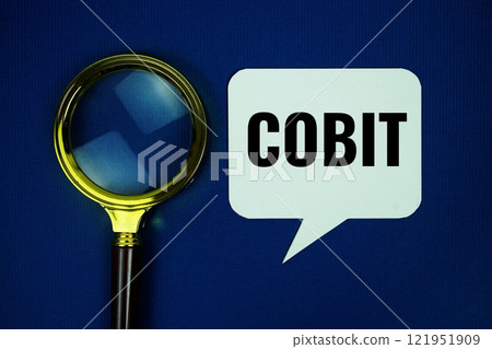 COBIT - Control Objectives for Information and Related Technologies text on speech bubble with magnifying glass top view on blue background COBIT - Control Objectives for Information and Related Technologies text on speech bubble with magnifying glass top view on blue background 121951909