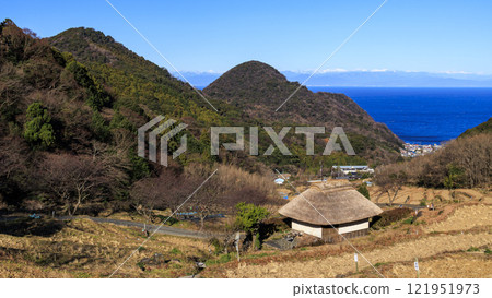 Winter at Ishibe rice terraces with a view of Mt. Fuji 121951973