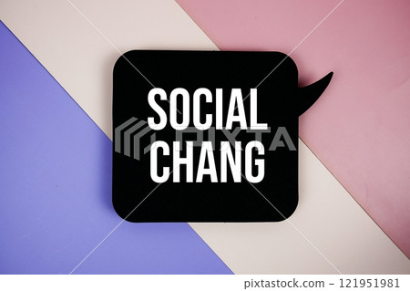Social Change text on speech bubble top view on purple geometric background Social Change text on speech bubble top view on purple geometric background 121951981