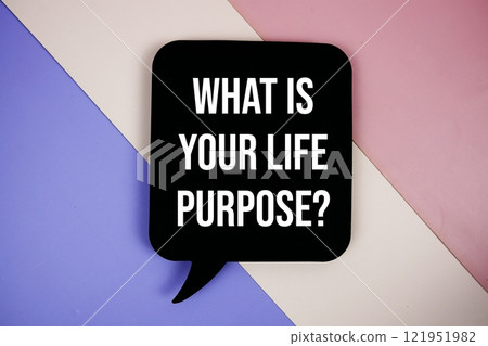 What is your life purpose? text on speech bubble top view on purple geometric background What is your life purpose? text on speech bubble top view on purple geometric background 121951982