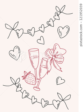Hand drawn Valentines Day vector card illustration with hearts, tulips, champagne glasses, strawberries, and gift boxes. Black and red colors. Sketch style. Perfect for prints, cards, posters, decor Hand drawn Valentines Day vector card illustration with hearts, tulips, champagne glasses, strawberries, and gift boxes. Black and red colors. Sketch style. Perfect for prints, cards, posters, decor 121952039