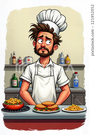 Chef looks concerned in kitchen. 121952052