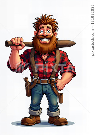 Cartoon of bearded man with axe. 121952053
