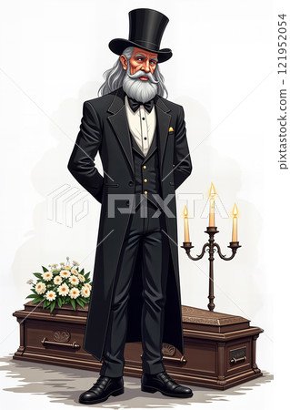 Undertaker in victorian clothing with coffins and candles. 121952054