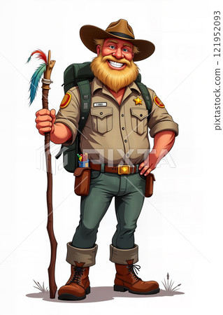 Cheerful park ranger with walking stick and backpack. 121952093