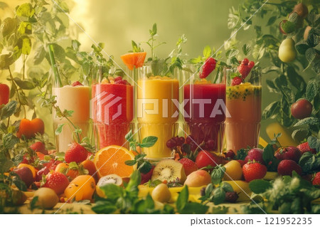 Beautiful kids room with colorful smoothies in glass cups surrounded by fresh fruits and herbs Beautiful kids room with colorful smoothies in glass cups surrounded by fresh fruits and herbs 121952235