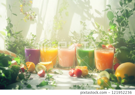 Beautiful kids room with colorful smoothies in glass cups surrounded by fresh fruits and herbs Beautiful kids room with colorful smoothies in glass cups surrounded by fresh fruits and herbs 121952236