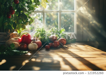 fresh vegetables and fruits on a wooden surface near the window fresh vegetables and fruits on a wooden surface near the window 121952260